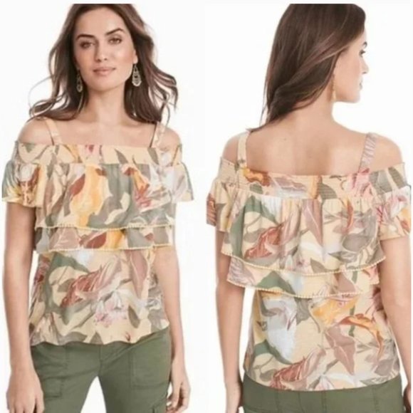 WHBM White House Black Market Pastel Yellow Floral Cold Shoulder Top XS - Picture 7 of 7